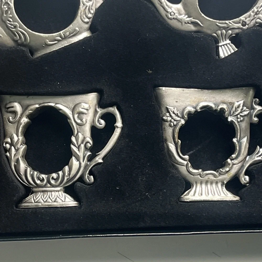 Set Of 4 Metalla Silver Tone Metal Pewter Tea Pot Tea Cup Napkin Rings With Box